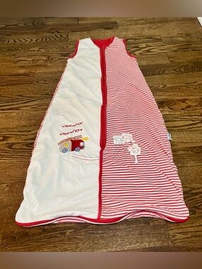 Red & White Striped Baby Sleep Sack with Vehicle Applique
